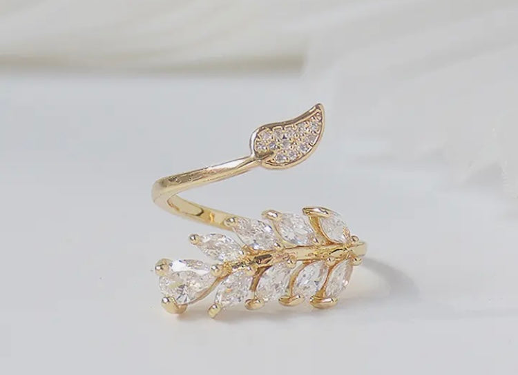 14K Gold Plated AAA Cubic Zirconia Adjustable Leaves Ring