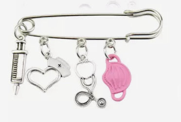 Medical Brooch Pin with Stethoscope, Face Mask, Syringe & Injection