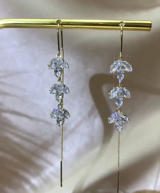 14K Gold Plated Maple Leaf Zircon Tassel Long Earrings