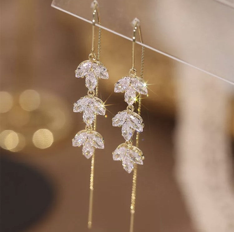14K Gold Plated Maple Leaf Zircon Tassel Long Earrings