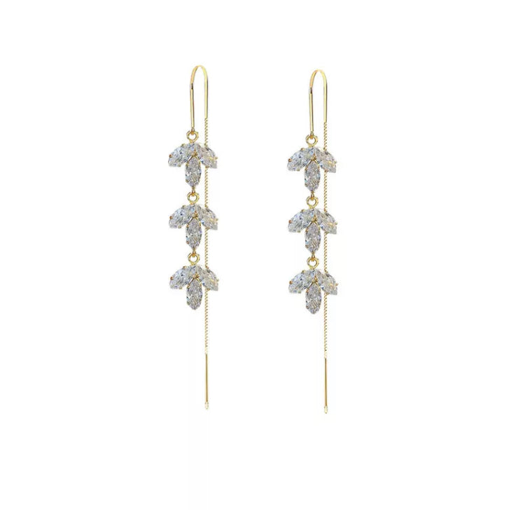 14K Gold Plated Maple Leaf Zircon Tassel Long Earrings