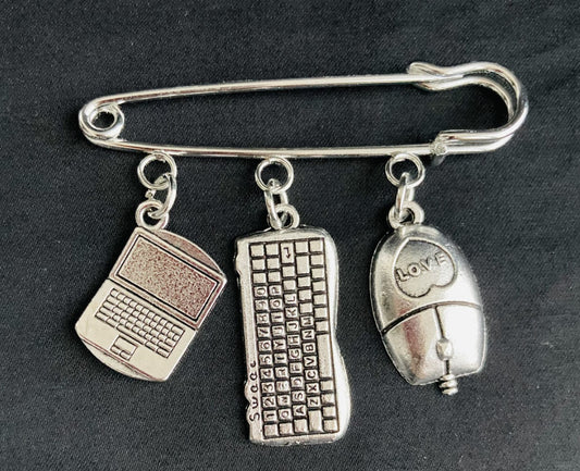 Tech Brooch Pin with Laptop, Keyboard & Mouse