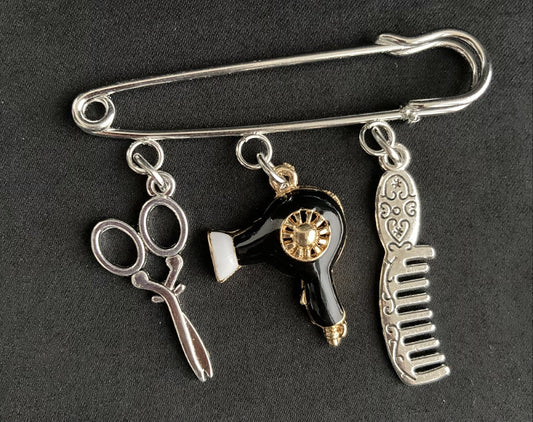 Hairdressing- Scissors, Comb and Hair Dryer Brooch Pin